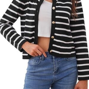 Major Label Group Cardigan Sweater Black White Striped Gold Buttons Nautical MD